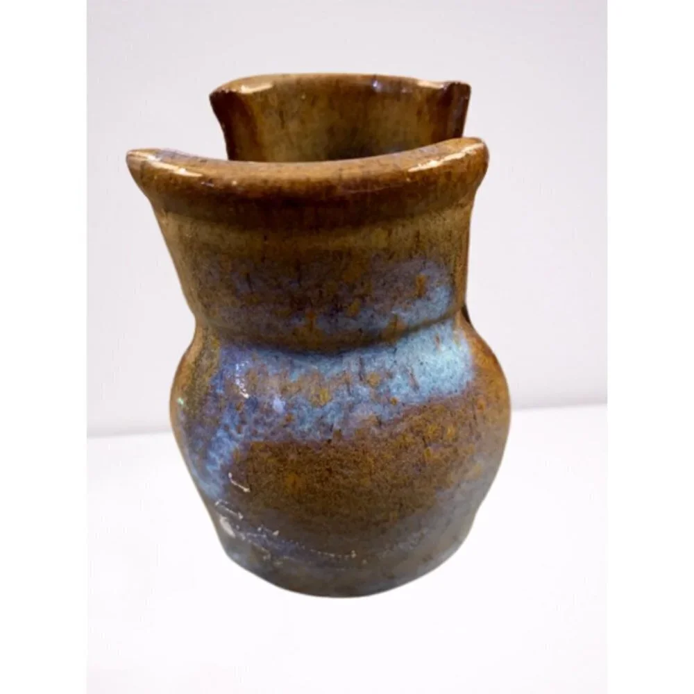 Phil Walsh Ceramic Drip Glazed Candle Holder Owl Engraved Brown Blue 3 1/2